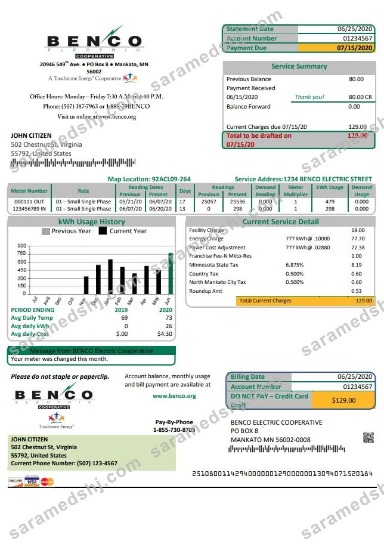 USA Minnesota Benco Elecric electricity easy fillable utility bill template in Word and PDF format (.doc and .pdf)